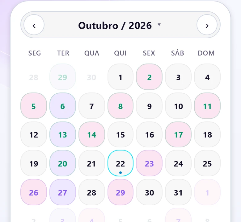 Calendário do PinLog com os dias de aplicação marcados