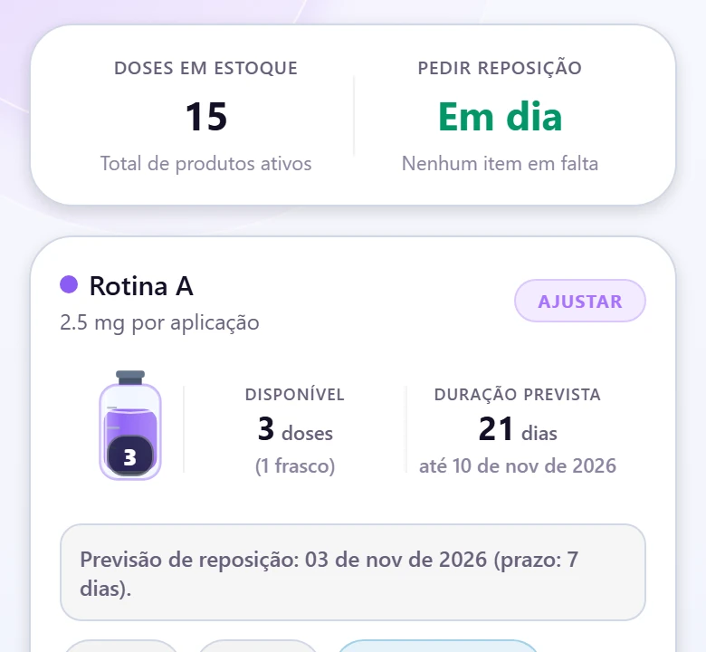 Tela de estoque com doses disponíveis e data para repor