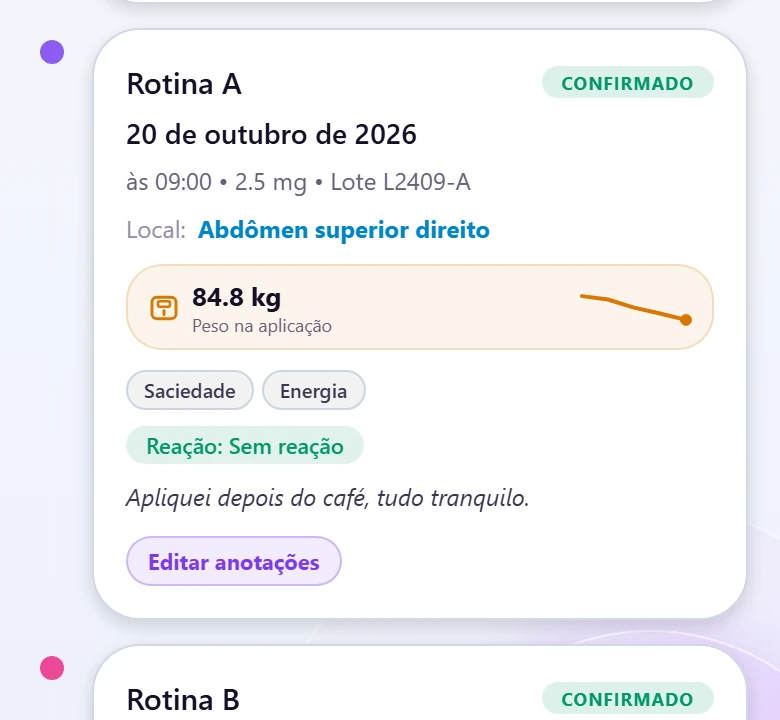 Registro de aplicação com sintomas e anotação